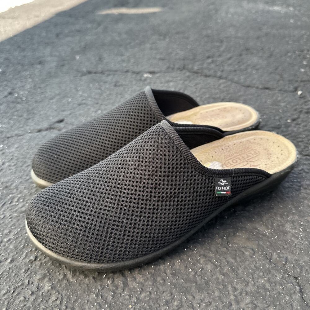 Fly Flot Women’s SZ 8.5 Mules Black Mesh Clogs Leather Anatomic Slip on 850